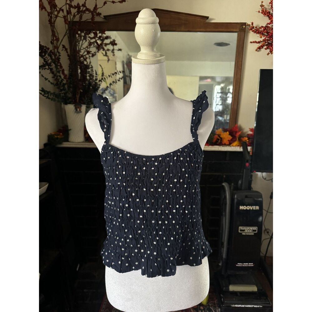 PINK Victoria’s Secret Womens XL Navy Polka Dot Smocked Ruffle Tank Top Y2K